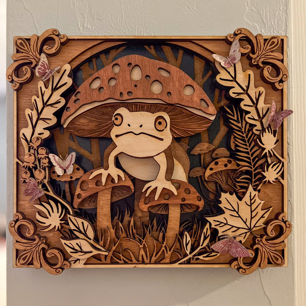 Frog Sheltered Under Mushroom Wood Sculpture