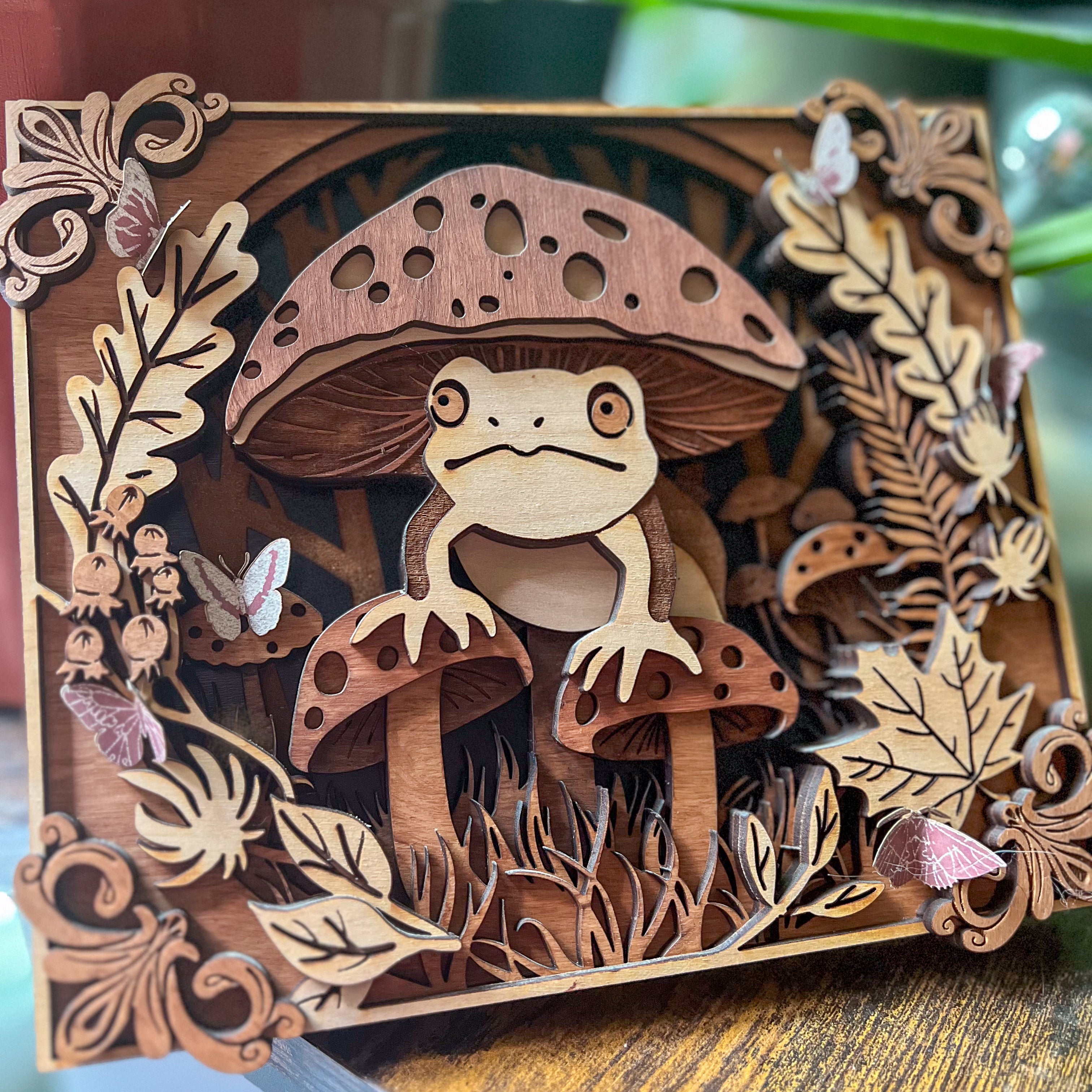 Frog Sheltered Under Mushroom Wood Sculpture